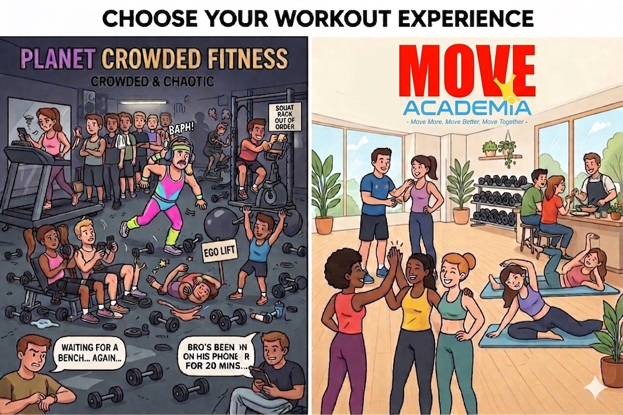 Choose Your Workout Experience — Planet Crowded Fitness vs Move Academia