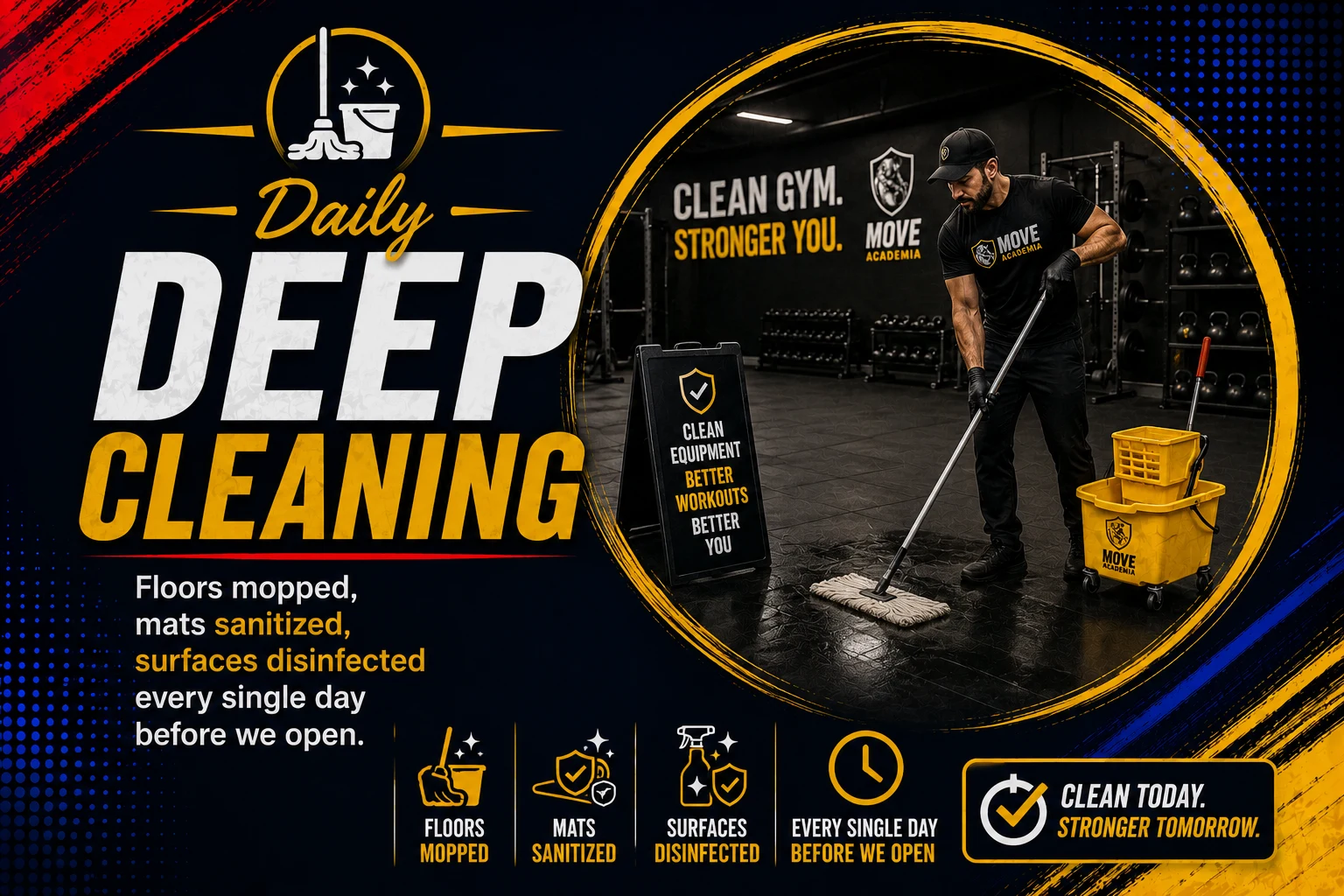 Daily Deep Cleaning — floors mopped, mats sanitized, surfaces disinfected every single day before we open. Clean today, stronger tomorrow.