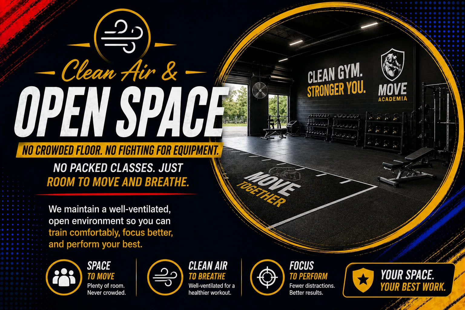 Clean Air and Open Space — well-ventilated with plenty of room to move. No crowded floor, no fighting for equipment, no packed classes. Your space, your best work.