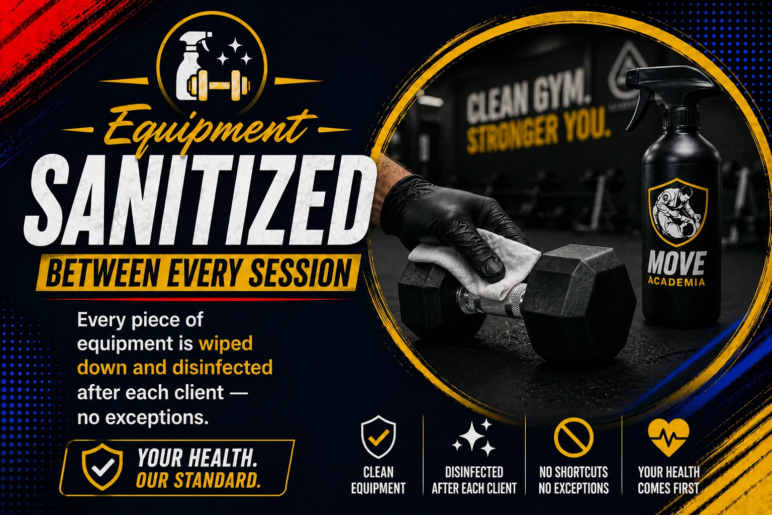 Equipment Sanitized Between Every Session — every piece of equipment is wiped down and disinfected after each client, no exceptions. Your health, our standard.