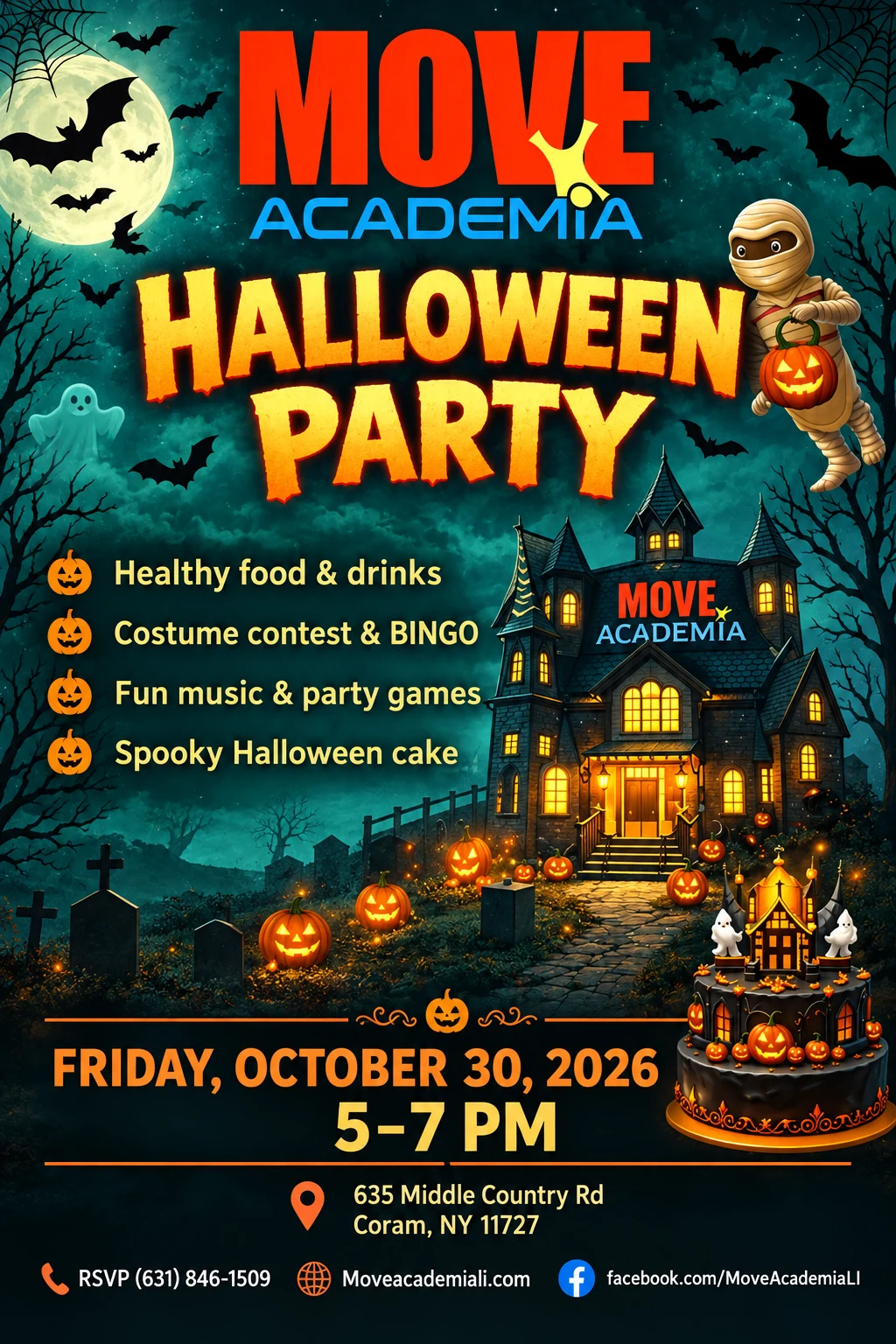 Move Academia Halloween Party flyer with a moonlit haunted studio, friendly mummy and glowing pumpkins. Friday, October 30, 2026, 5–7 PM.