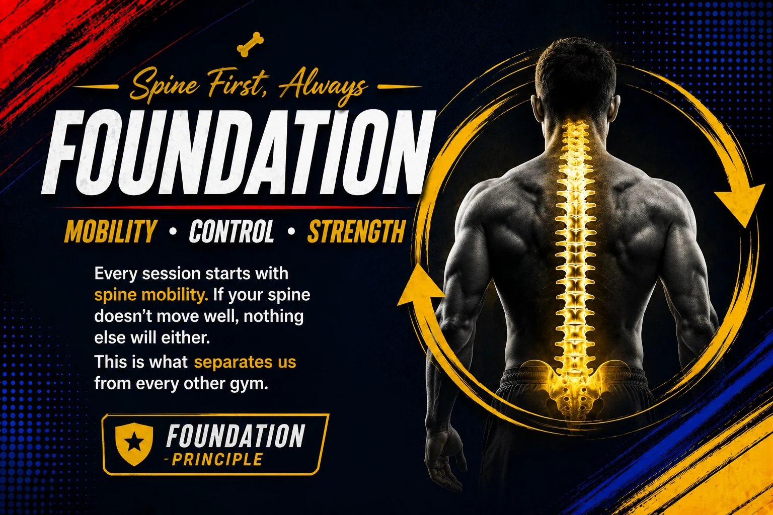 Spine First, Always — Foundation Principle. Mobility, Control, Strength. Every session starts with spine mobility. If your spine doesn't move well, nothing else will either. This is what separates us from every other gym.